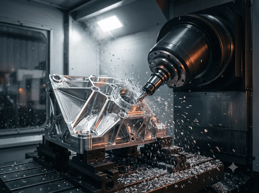 CAD- und Realansicht eines gefrästen Aluminium-Strukturgehäuses
